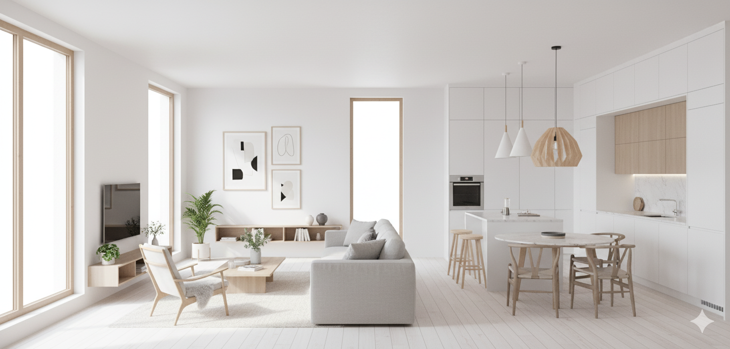 Detalle de la cocina moderna y sala de estar luminosa